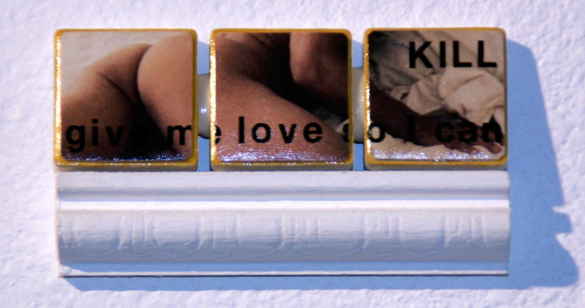 <br/>Day 174, 1999<br/>1" x 3"<br/>acrylic, photographs, lettering and pencil on ceramic tiles